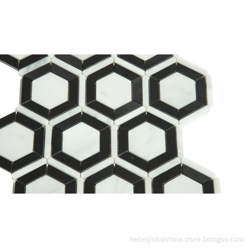 JK New Design Waterjet White and Black Marble Mosaic Inlay Gold Brass Wall Tile